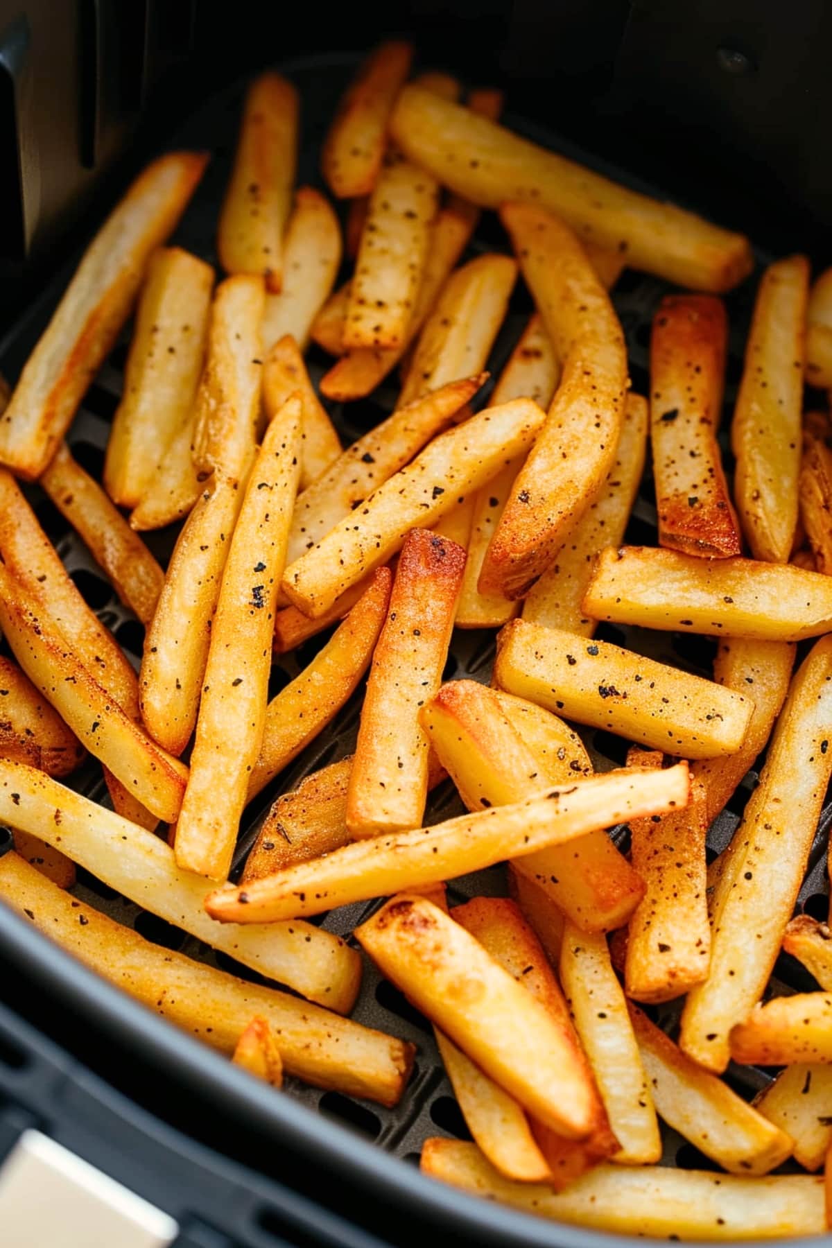 French fries in an air fryer basket.
