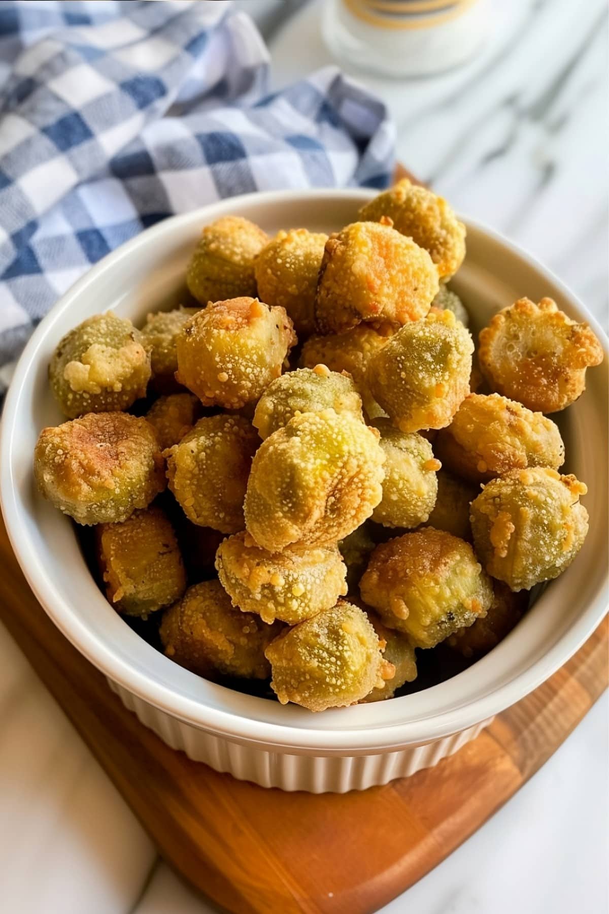 Air Fryer Fried Okra in a white bowl