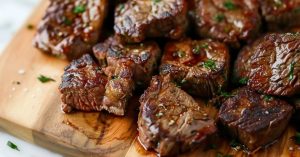 Juicy diced cut steak in a wooden board garnished with chopped parsley leaves.