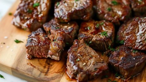 Juicy diced cut steak in a wooden board garnished with chopped parsley leaves.