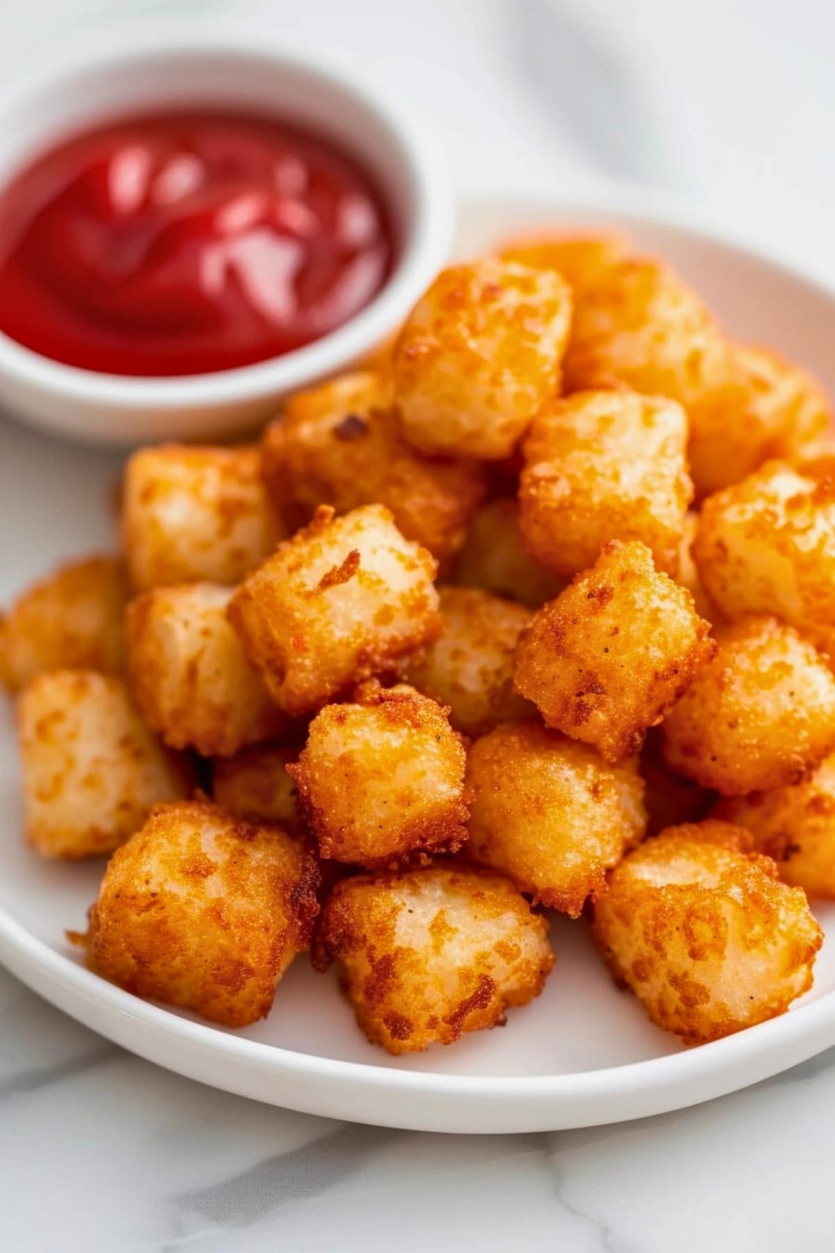 Pile of air fryer tater tots on a plate with ketchup on the side