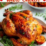 Air fryer whole chicken garnished with herbs