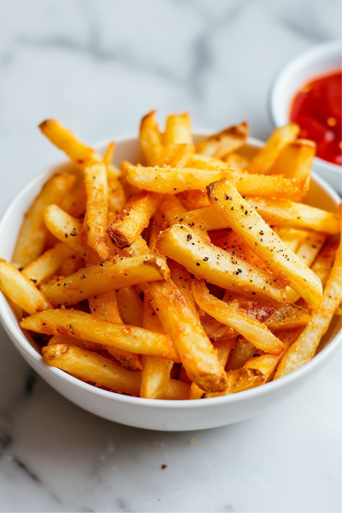 Fries in a white bowl seasoned with pepper.