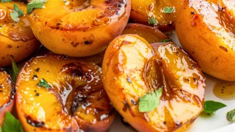 Air fried peaches in a white plate with honey garnished with mint leaves.