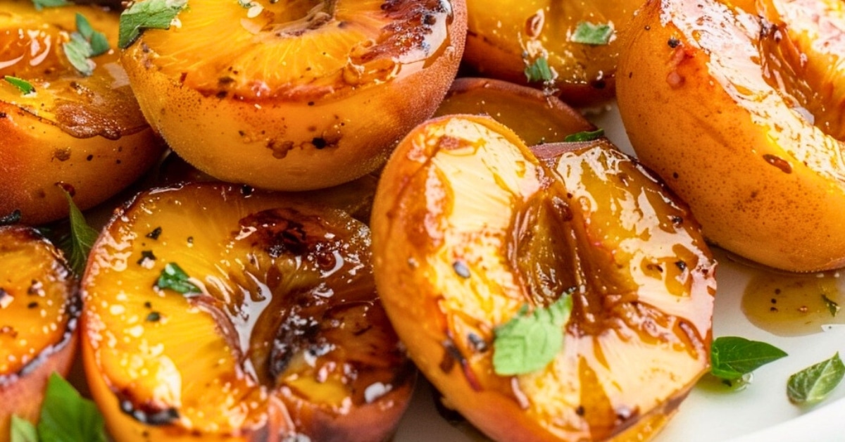 Air fried peaches in a white plate with honey garnished with mint leaves.