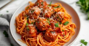 Air fryer spaghetti meatballs in plate