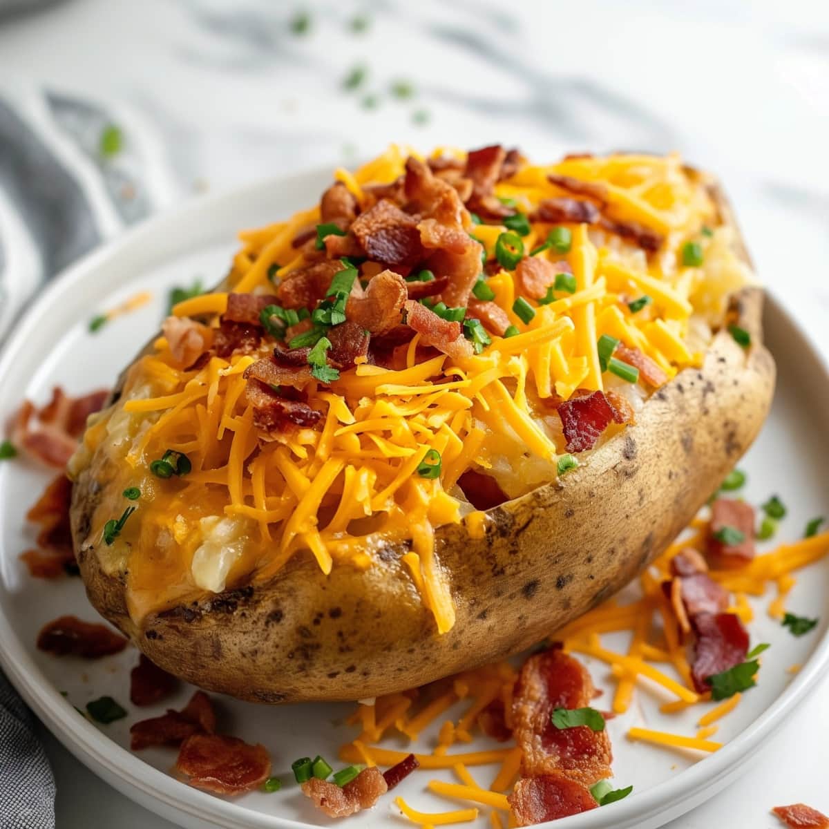 Baked potato served on a plate topped with lots of shredded cheddar cheese and bacon bits. 