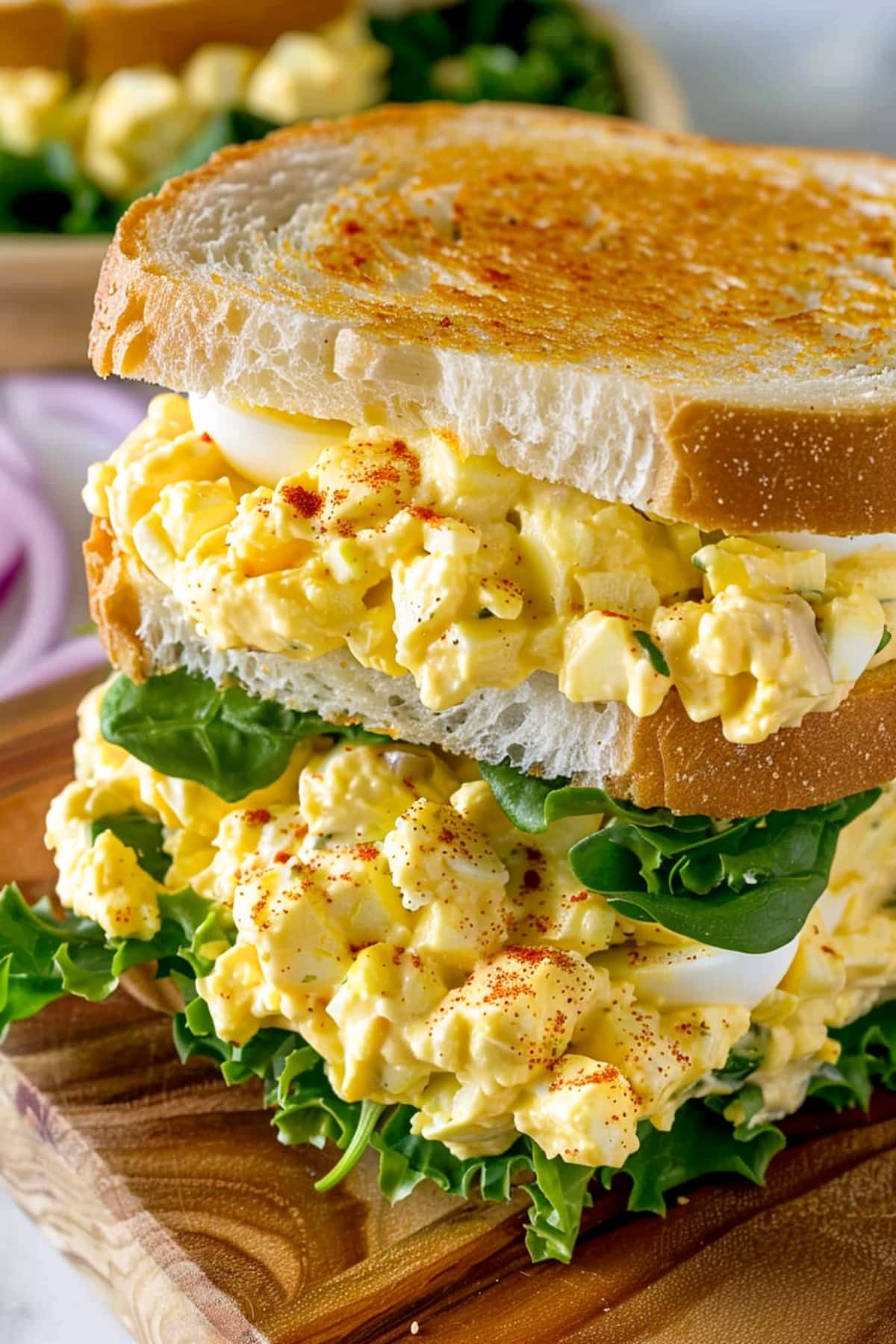 Homemade egg salad sandwich with lettuce on a wooden board