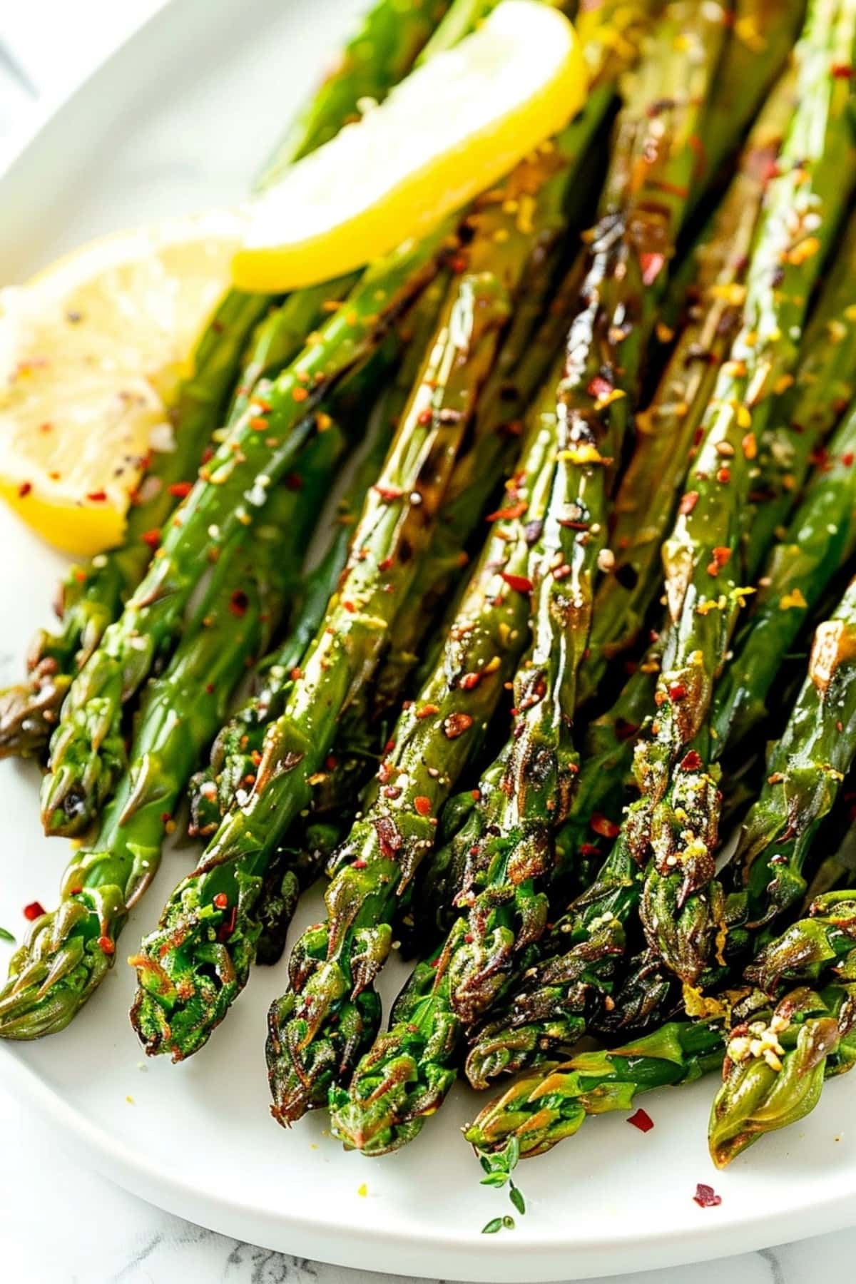 Air fried seasoned asparagus in a white plate served with lemon slice.