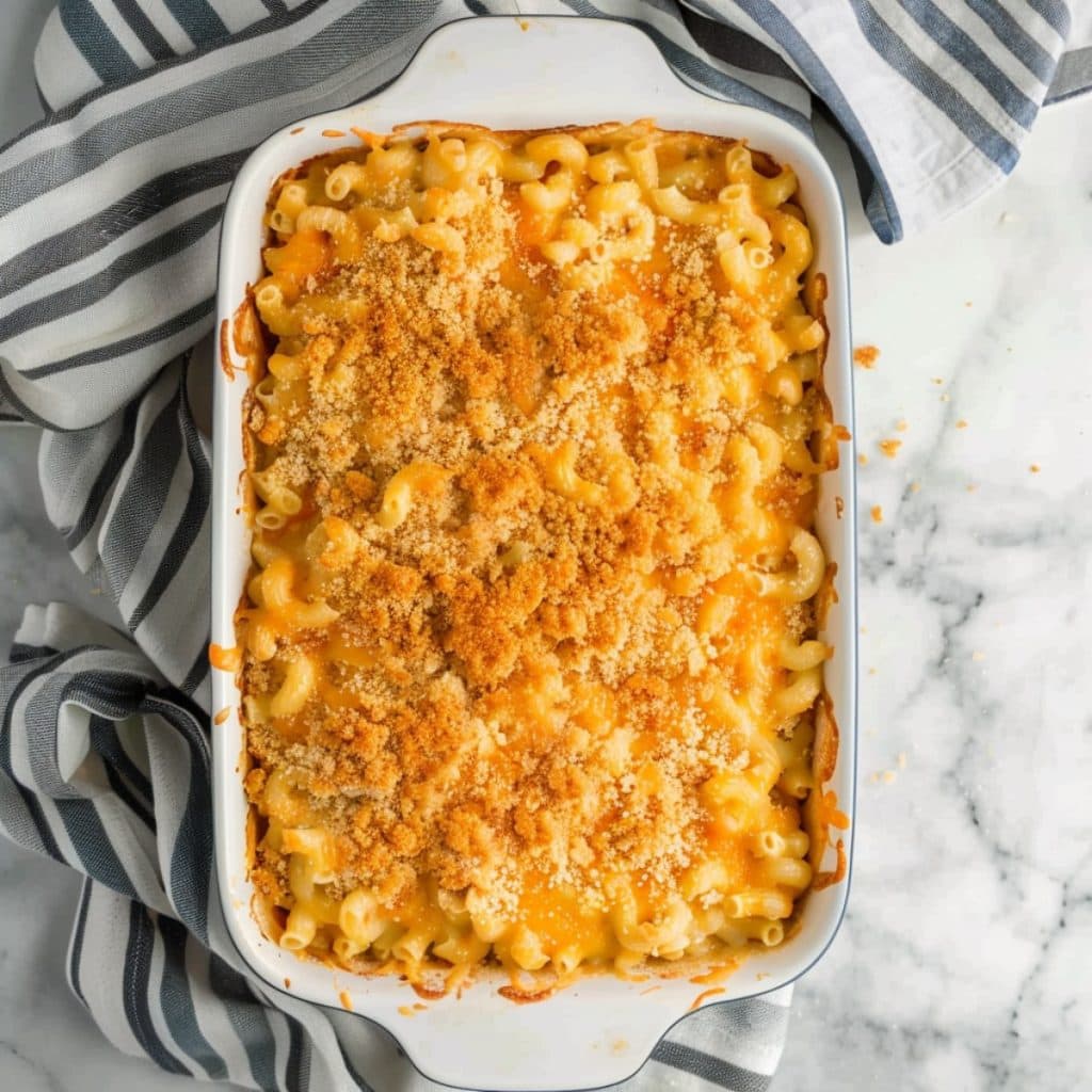 Baked Mac and Cheese in a white casserole dish, top view
