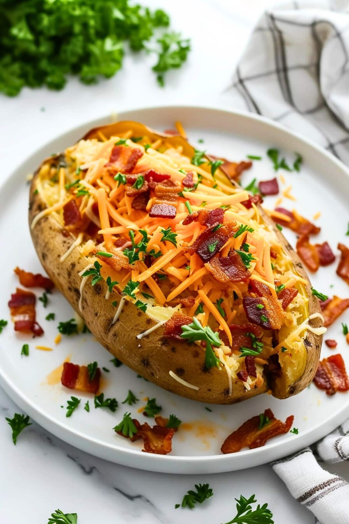 Air fryer baked potato on a plate topped with bacon bits and shredded cheese.