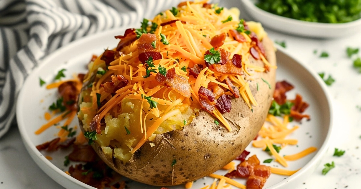 Baked potato in a plate garnished with shredded cheese and bacon bits.