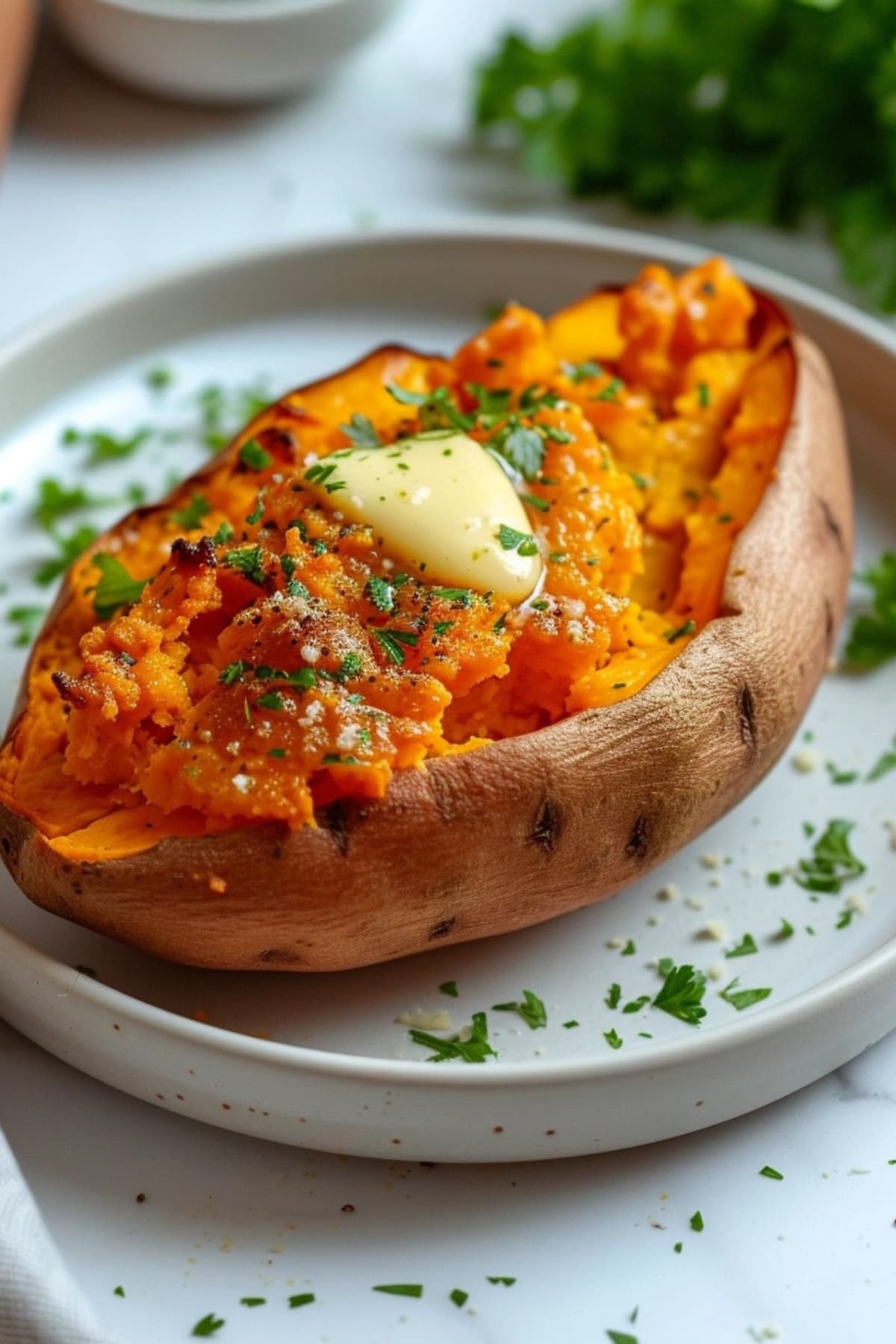 Baked sweet potato with butter on top