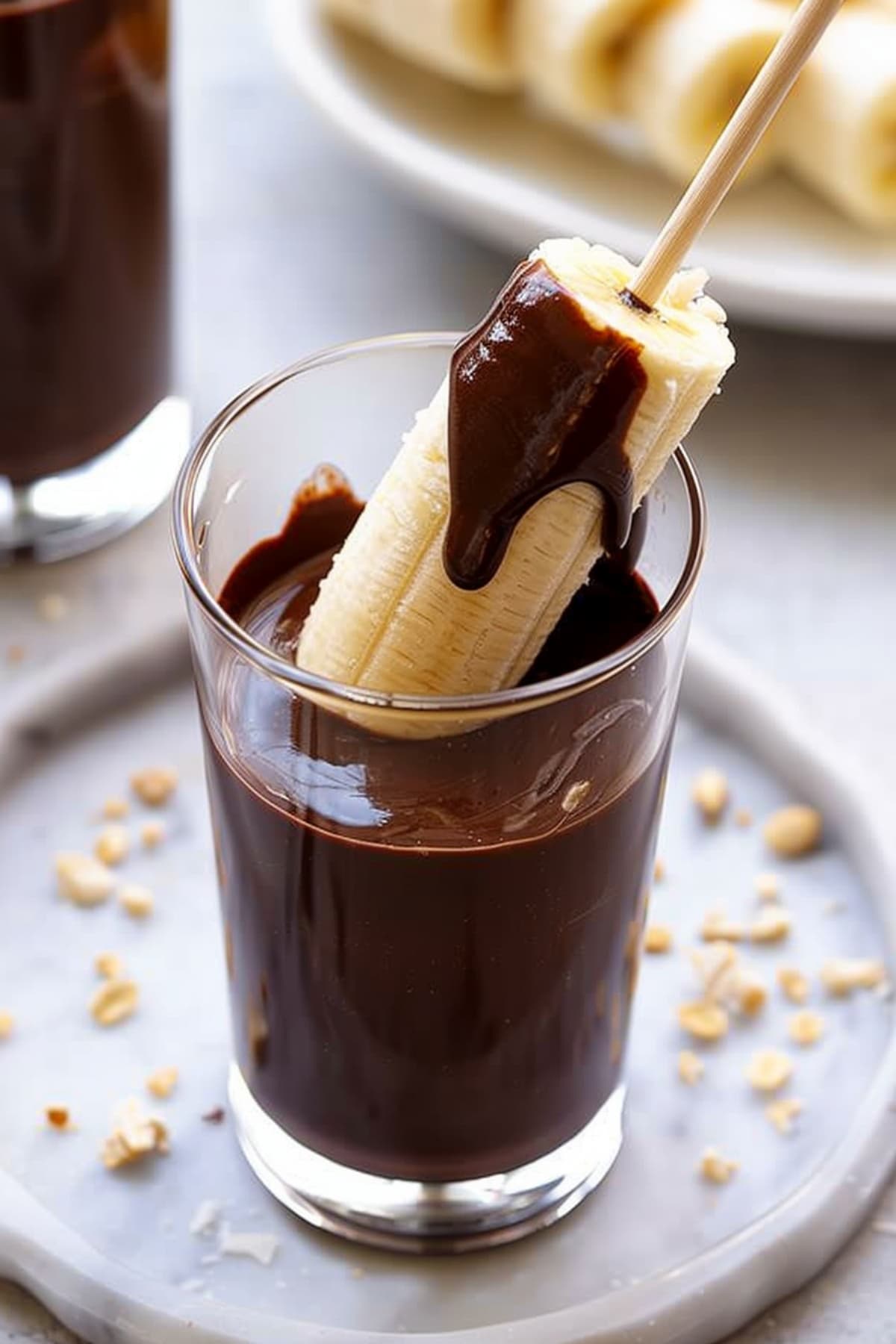 Banana dipped in a glass of chocolate
