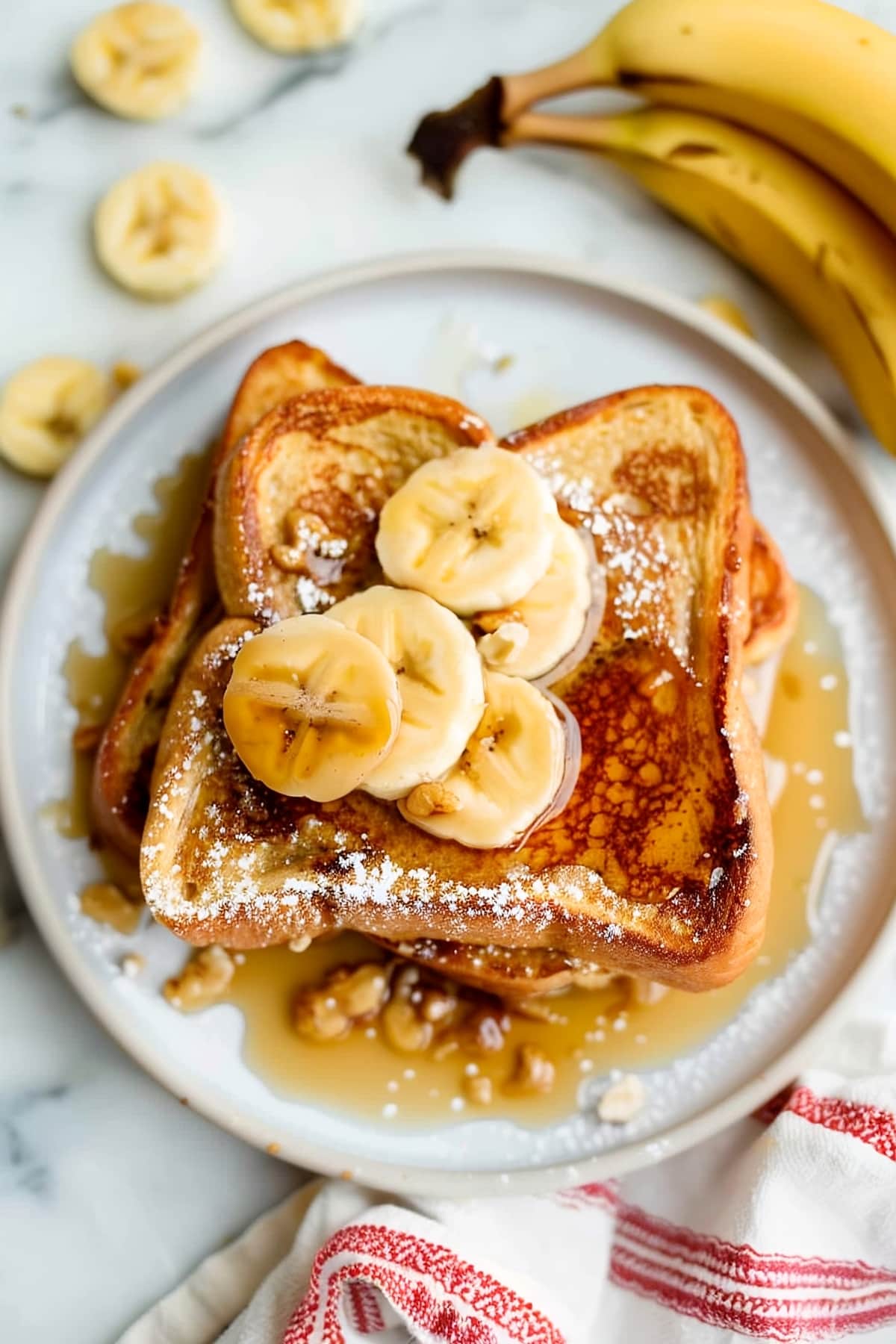 Top view of homemade banana french toast with cinnamon