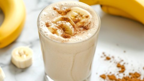 Banana milkshake in a glass topped with slices of banana and cinnamon.