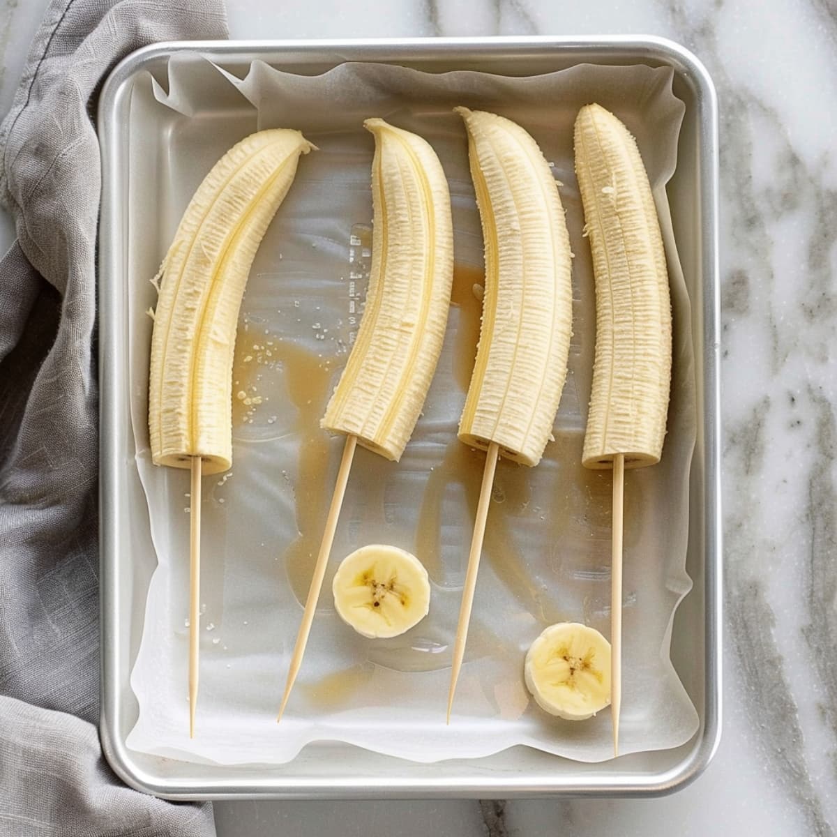 bananas on sticks, sitting on parchment paper on a baking sheet