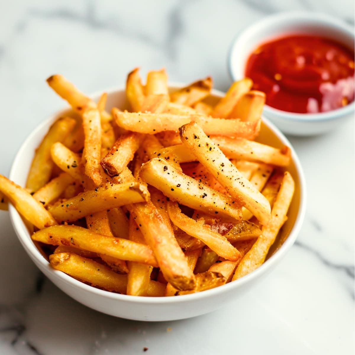 Bowl of fries seasoned with pepper and ketchup on the sides. 