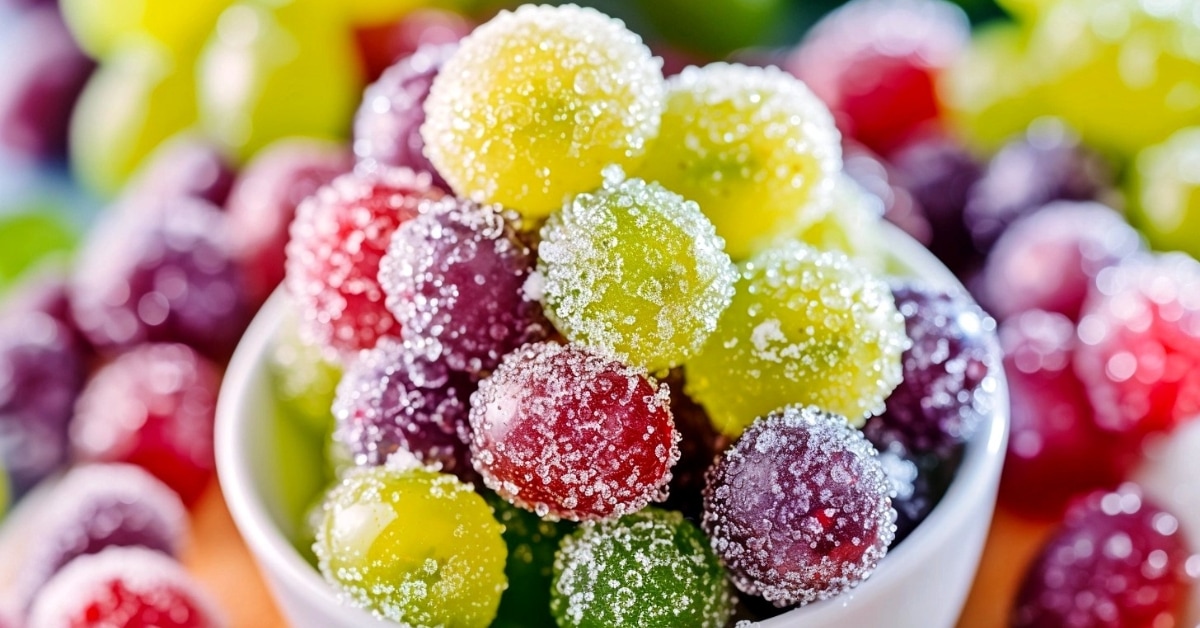 Bowl of colorful and sweet candied grapes