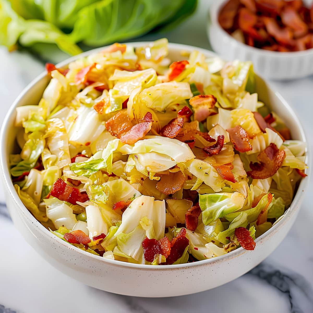 Fried cabbage with crispy bacon in a bowl on a white marble table