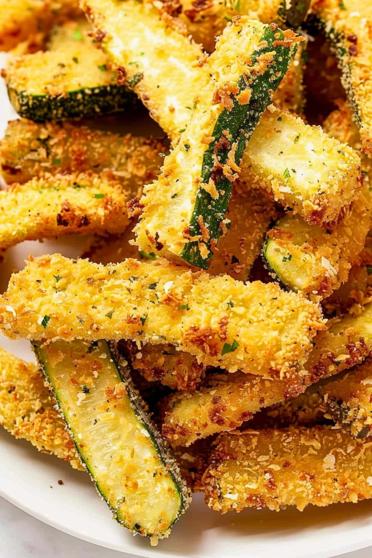 Bunch of air fried breaded zucchini fries in a white plate.