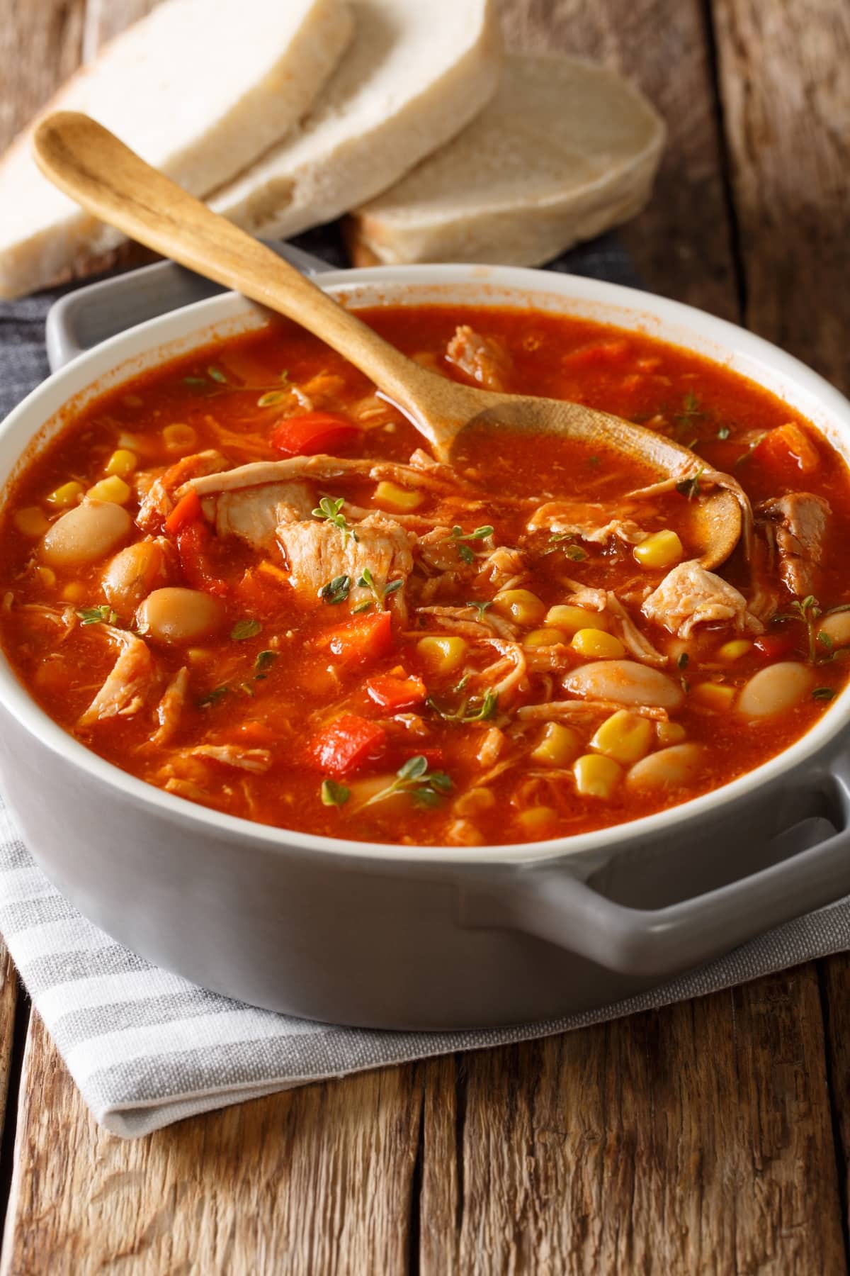A pot of Brunswick stew made with chicken, veggies and beans with tomato base. 