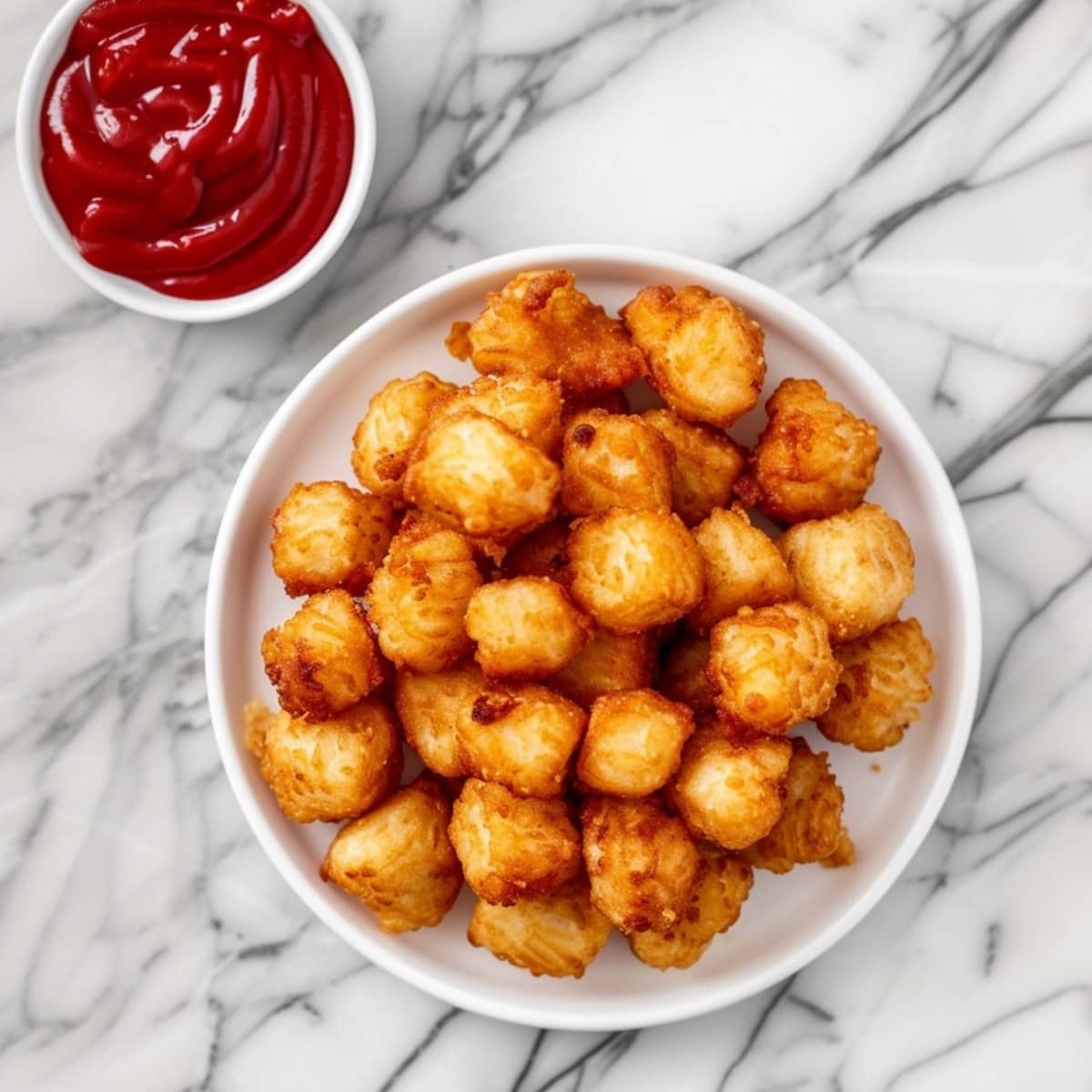 A pile of tater tots in a white bowl with ketchup on the side
