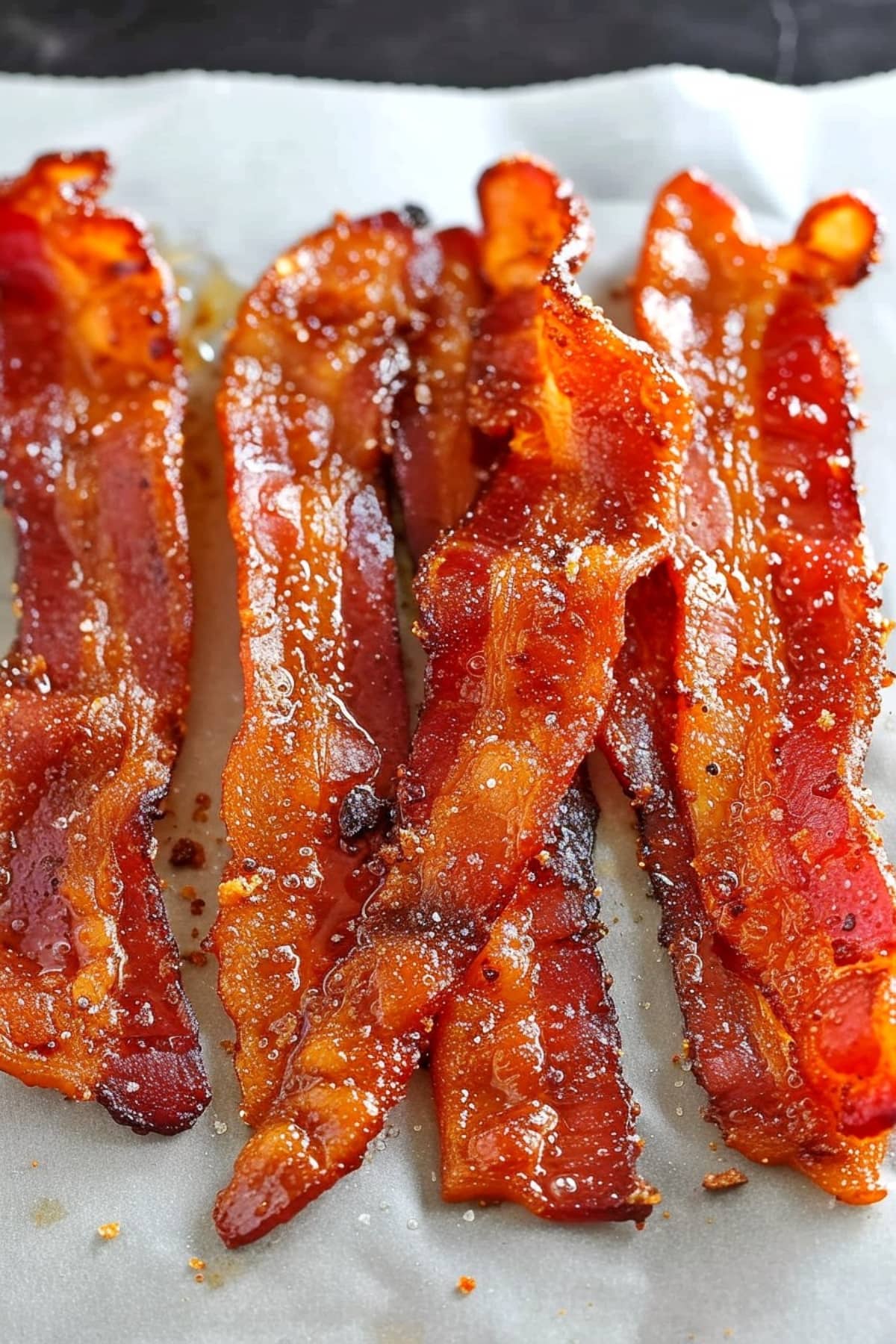 Several pieces of bacon sitting on a piece of parchment paper