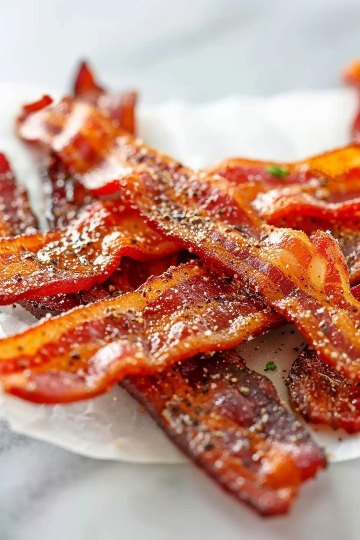 Homemade crispy bacon on a parchment paper, close up
