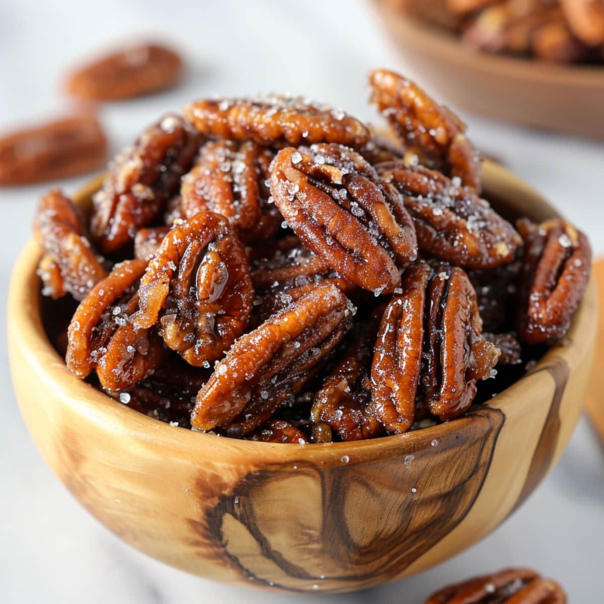 Homemade candied pecans in a brown bowl