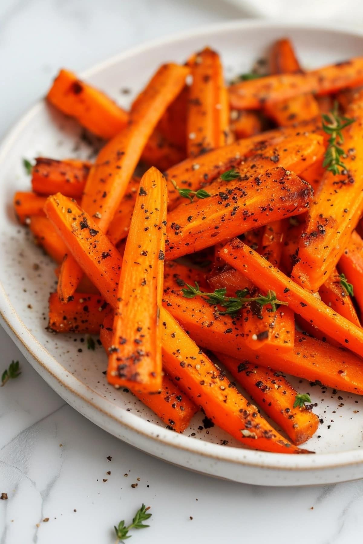 Carrots sticks served in white plate seasoned with pepper.