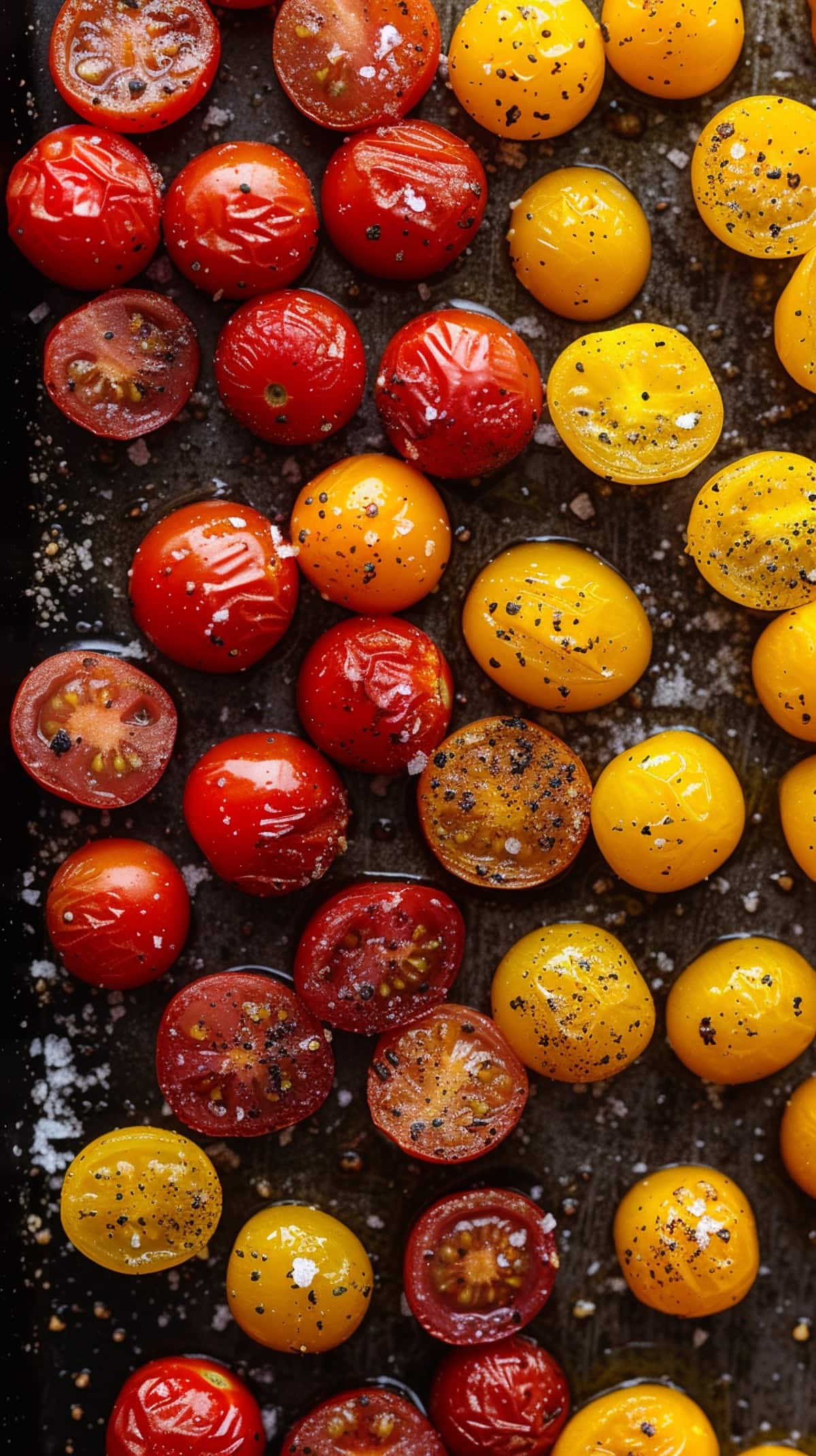 Roasted Cherry Tomatoes on a baking tray with salt and pepper