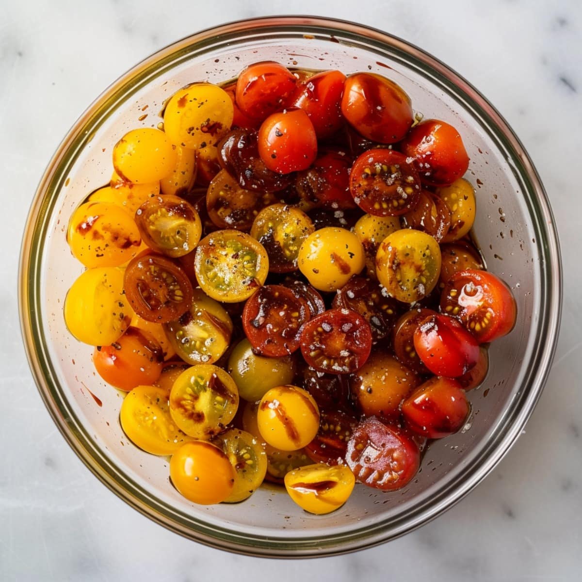 Cherry Tomatoes with balsamic vinegar and oil in a bowl