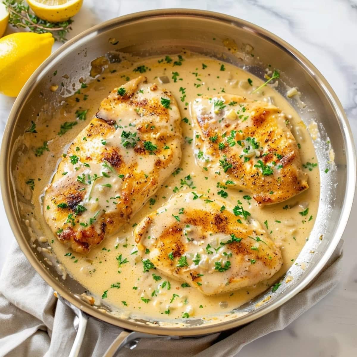 Chicken breasts with lemon garlic sauce garnished with chopped parsley.
