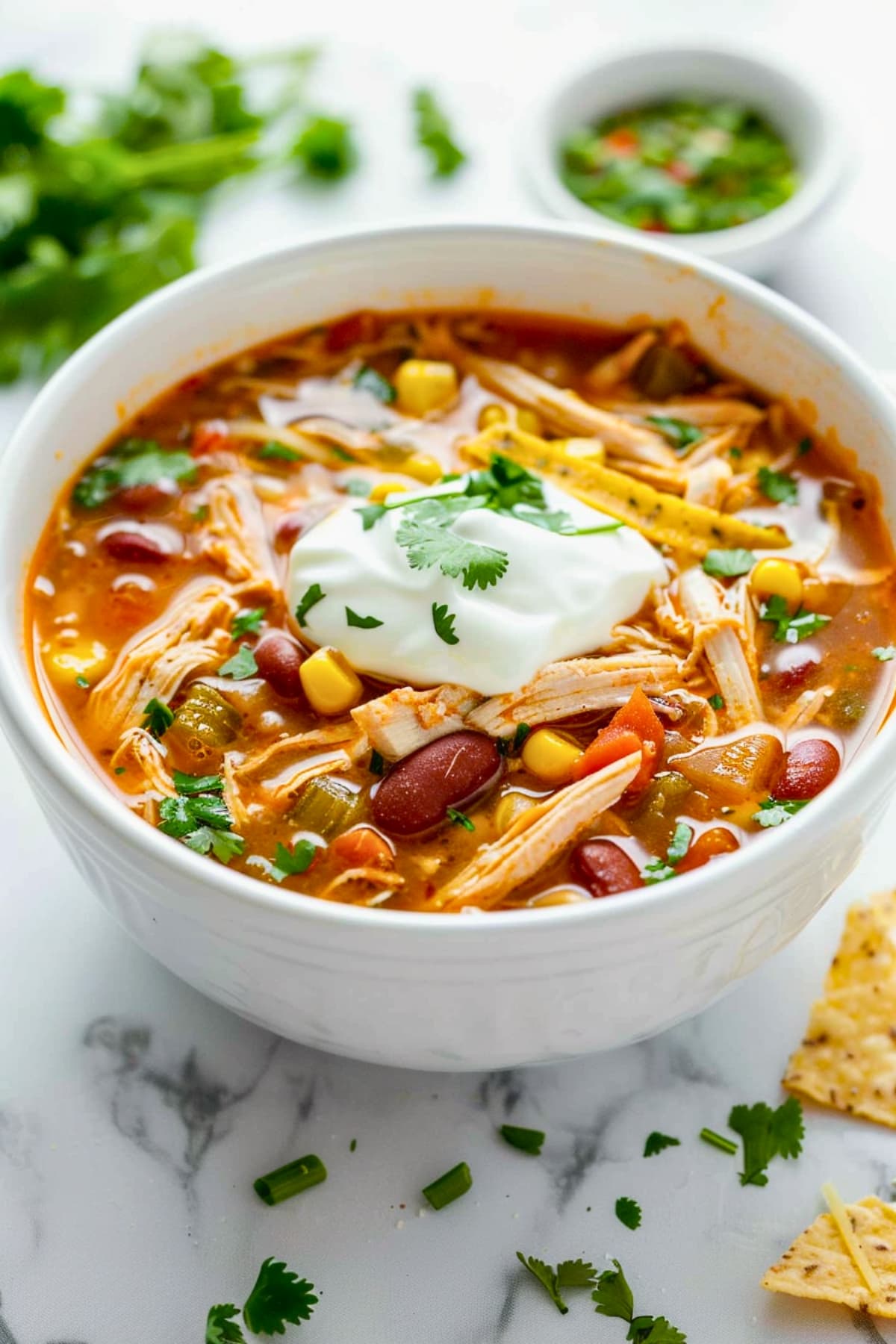 Chicken tortilla soup in a white bowl topped with sour cream.