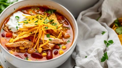 Chicken tortilla soup in a bowl.