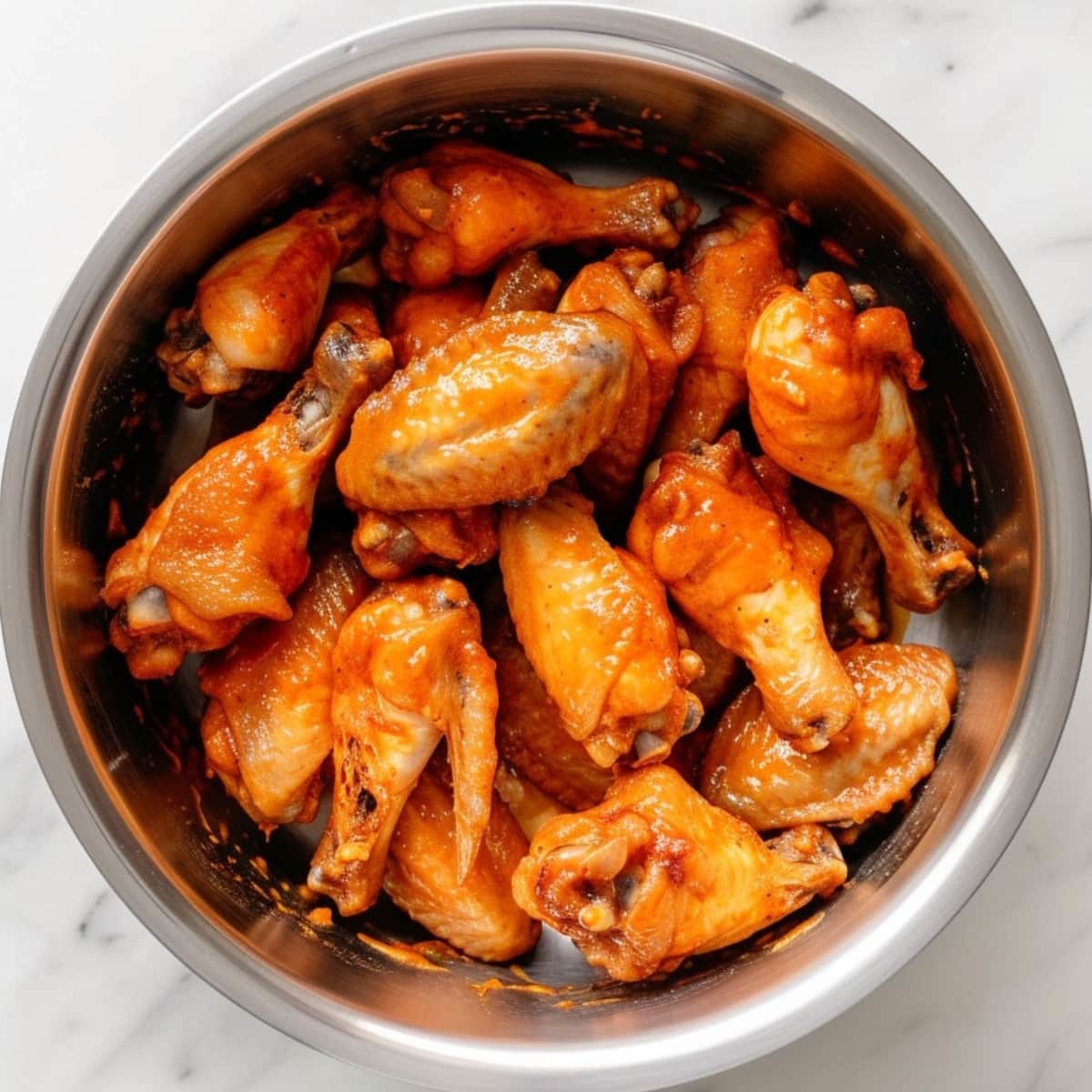 Chicken wings with buffalo sauce on mixing bowl
