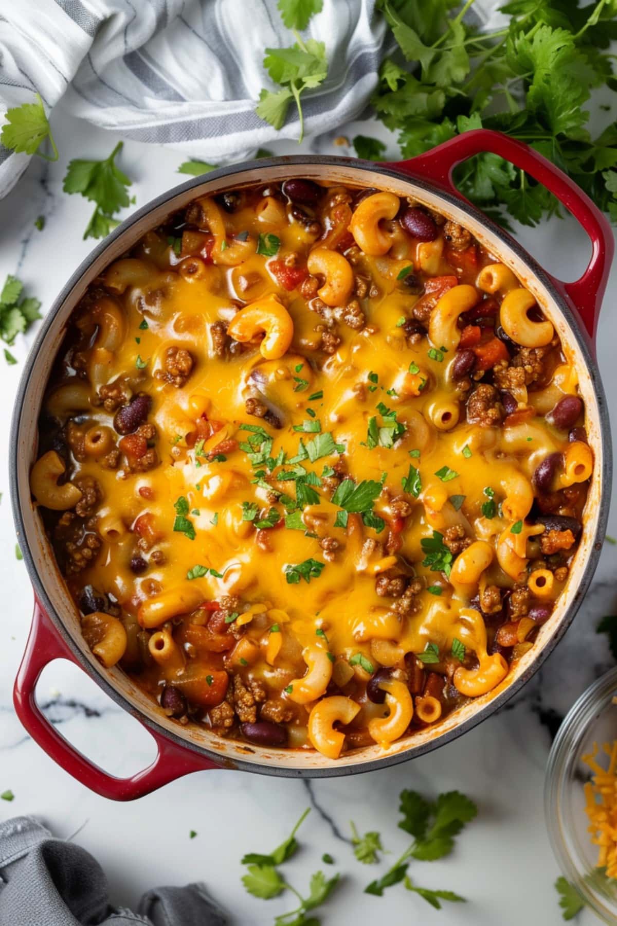 Homemade Chili Mac in a red stock pot