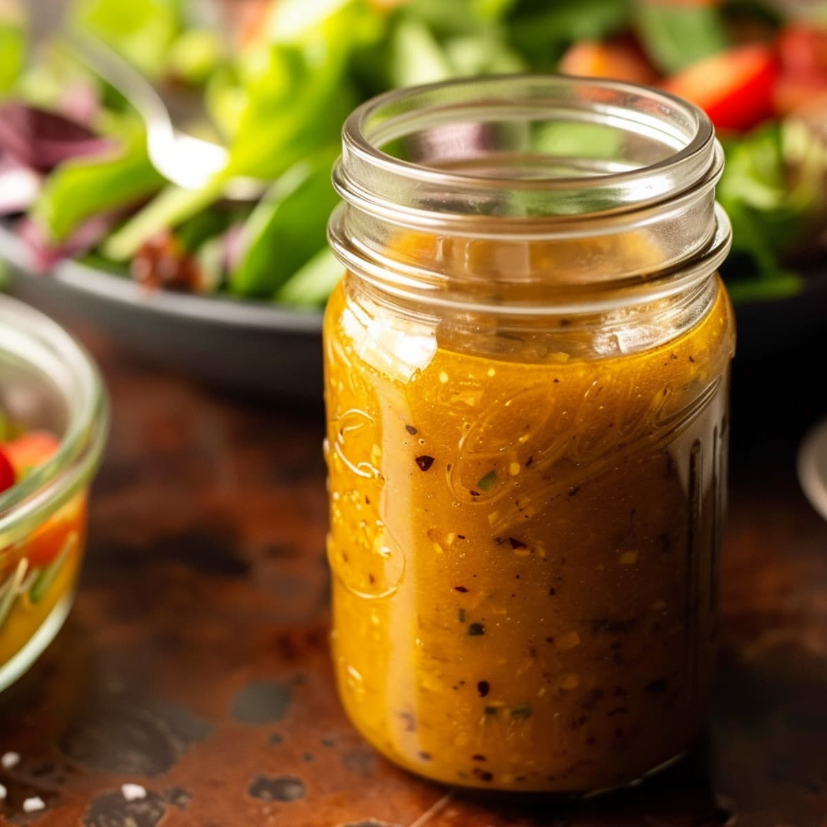 Chipotle Honey Vinaigrette in a mason jar on a table with a salad bowl