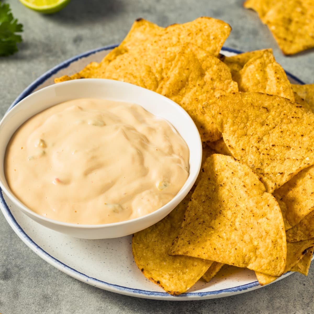 Tortilla chips with white queso dip in a bowl.