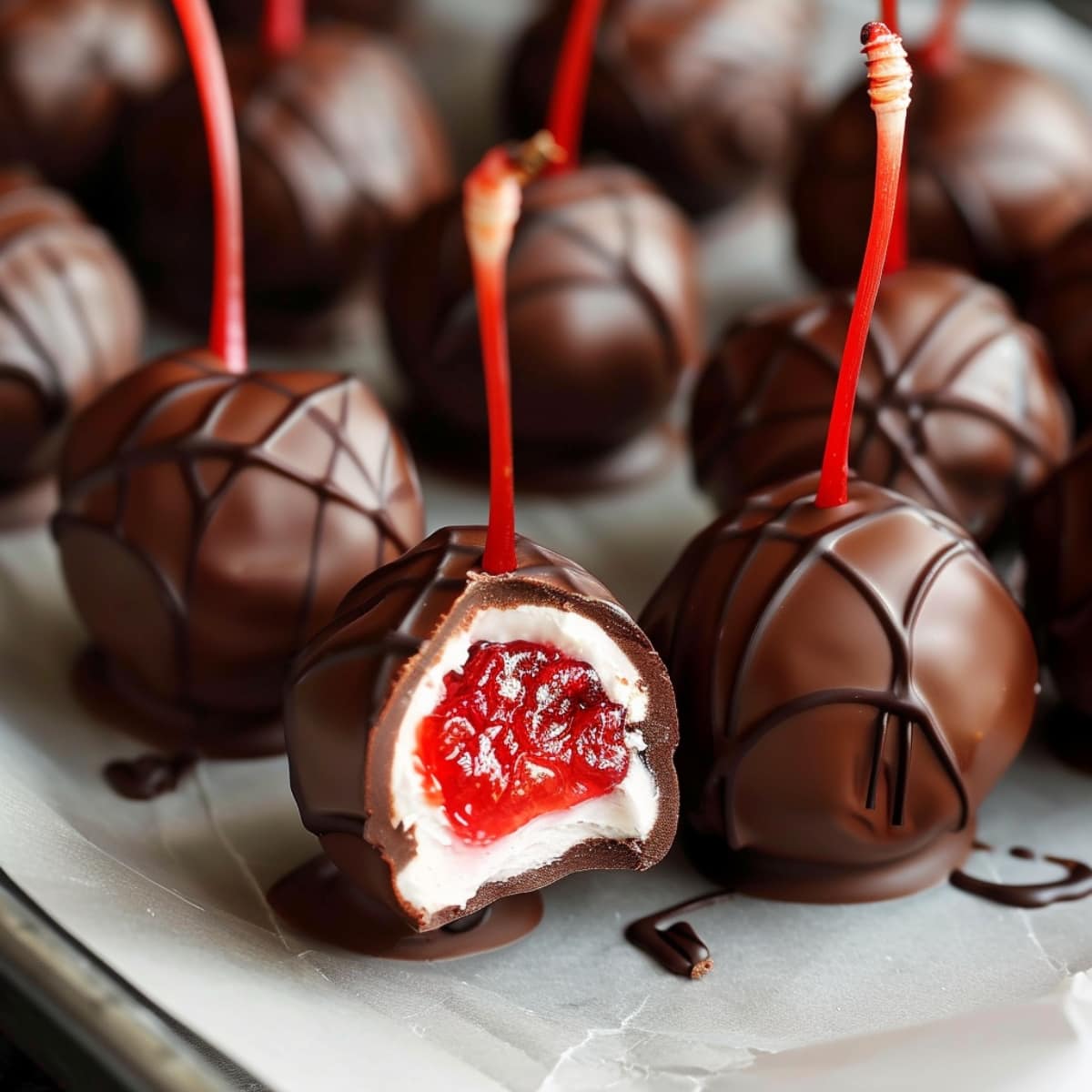 Chocolate covered cherries on a baking sheet