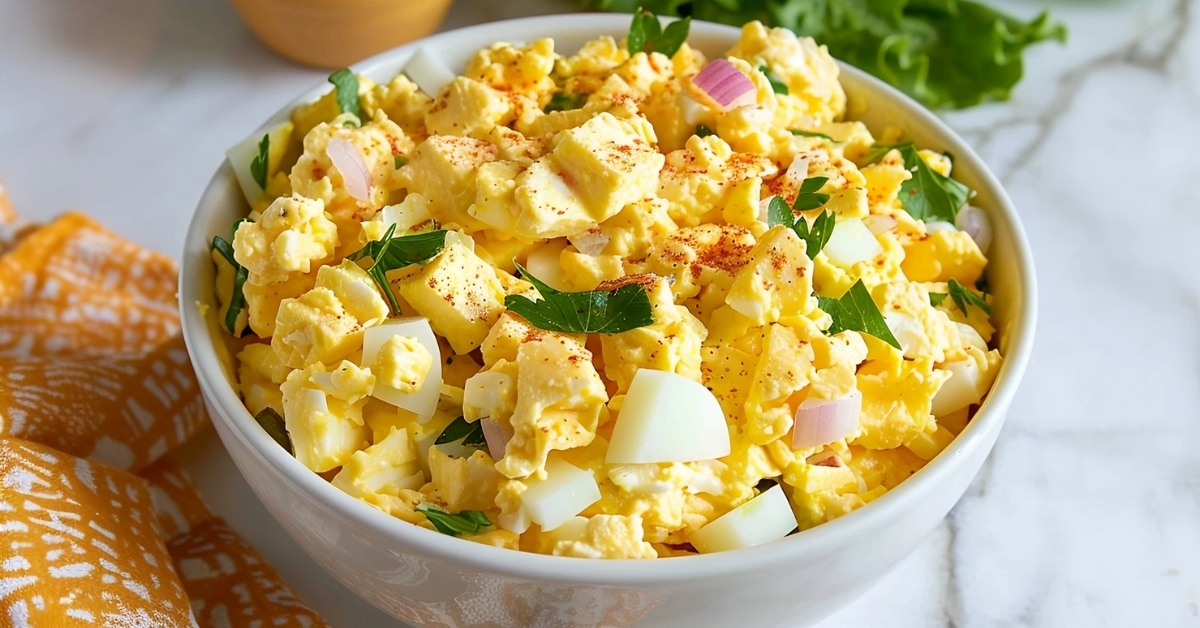 Simple and classic homemade egg salad sandwich in a white bowl