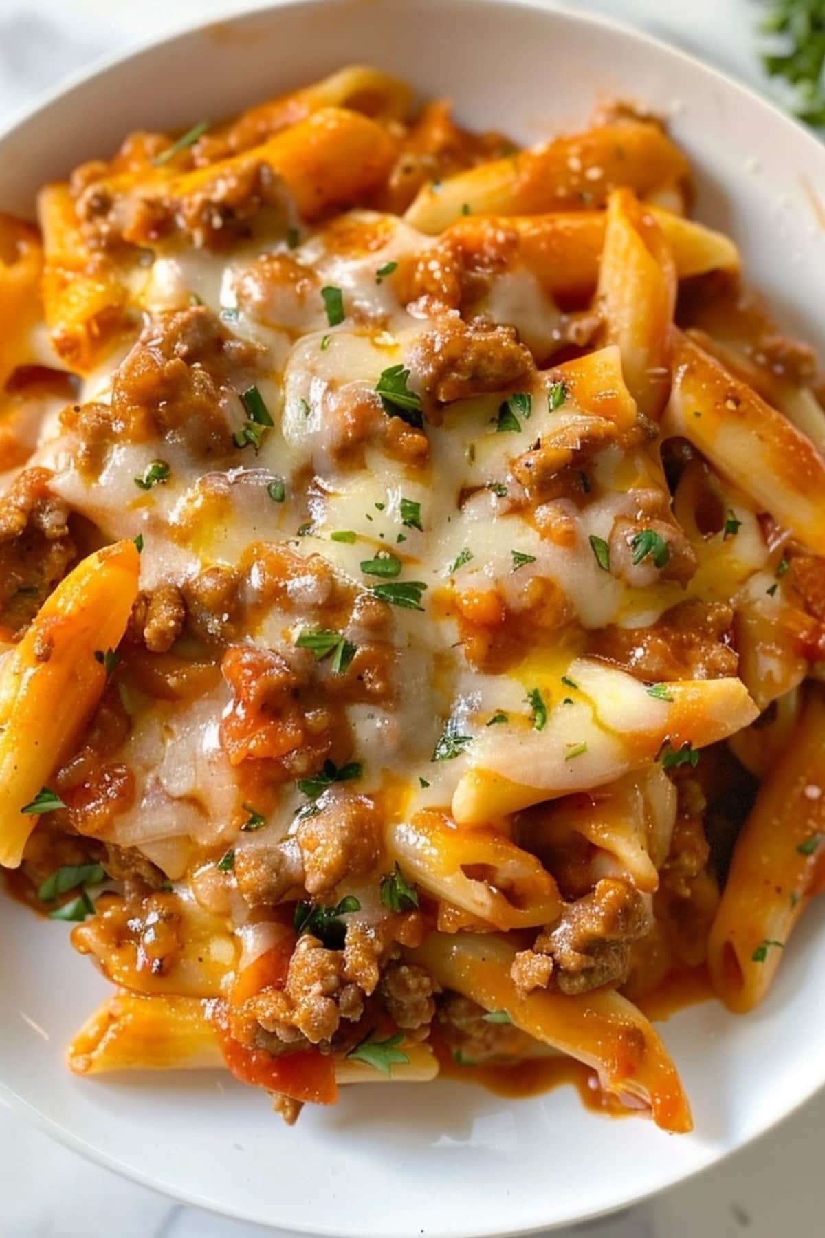 Cheesy and gooey Italian sausage pasta served on a white plate.