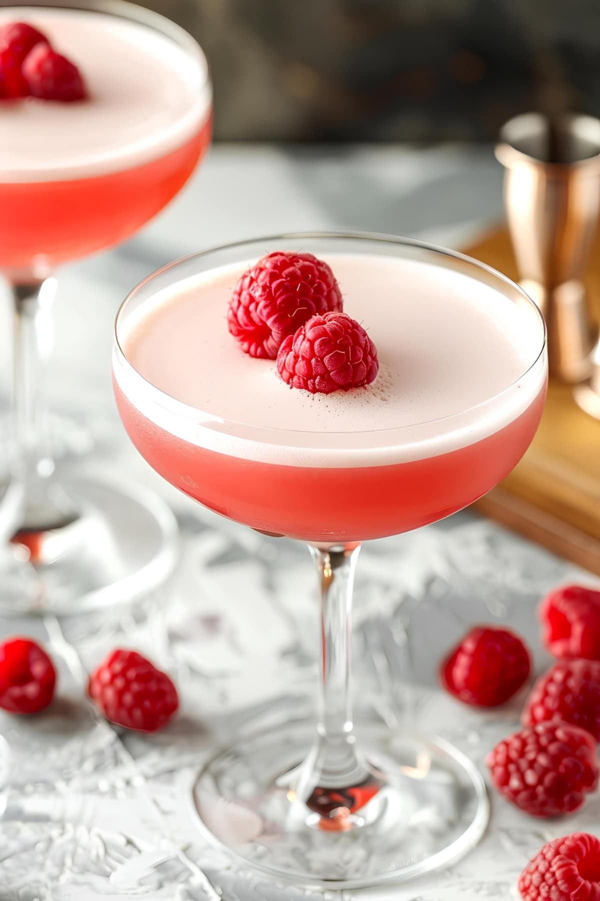 Boozy and fruity clover club cocktail topped with raspberries