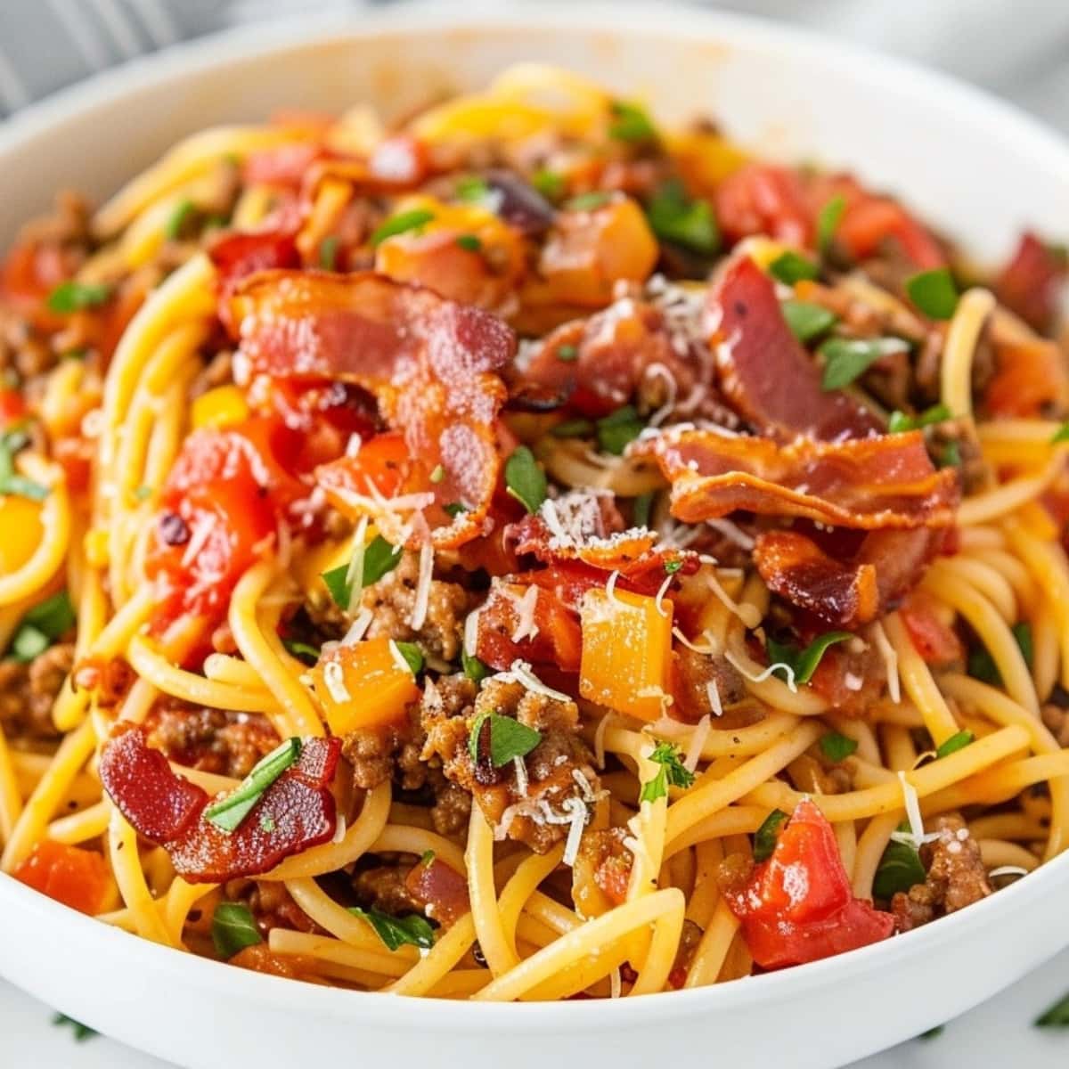 Cowboy spaghetti with ground beef bacon and cheese