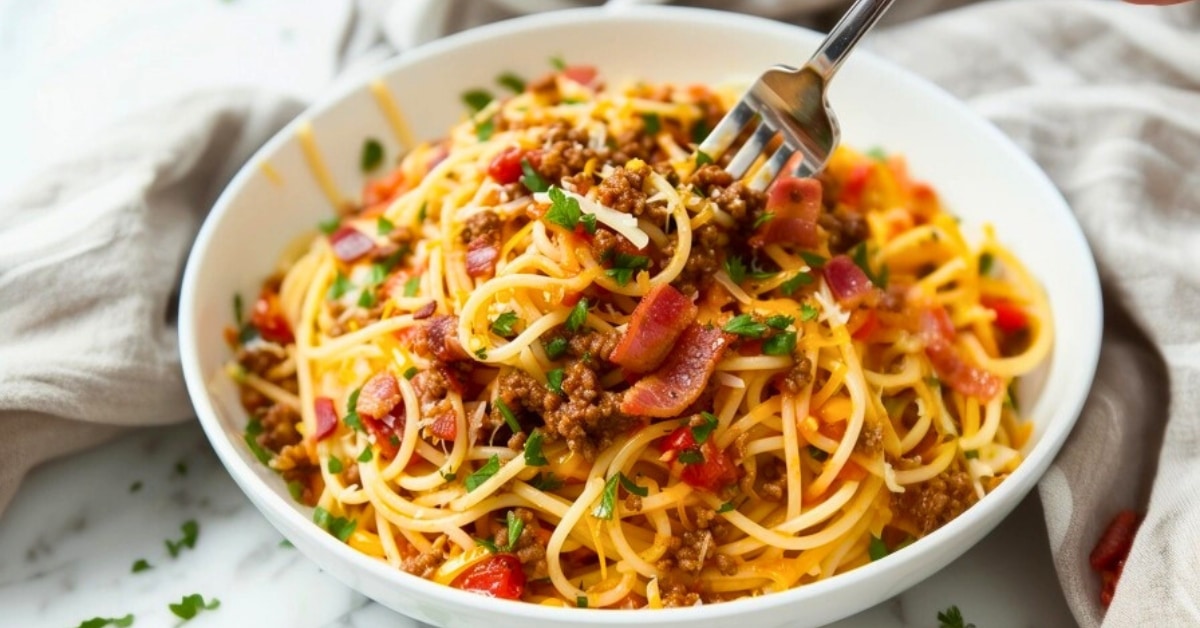 A serving of cowboy spaghetti garnished with bacon with fork.