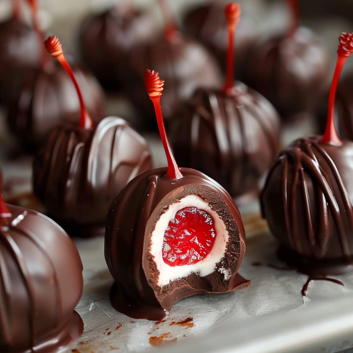 Maraschino cherries covered with chocolates with vanilla fillings inside