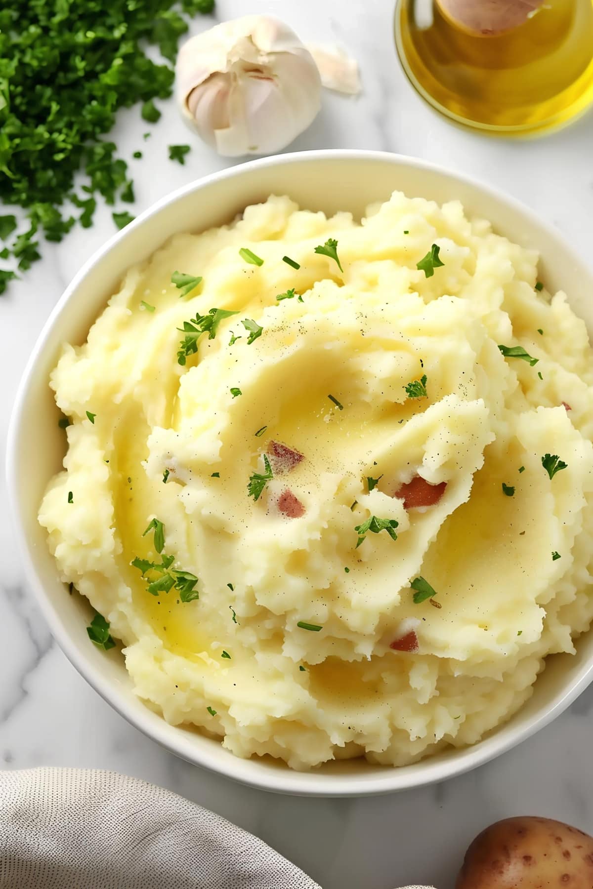 Top view of homemade mashed red potatoes