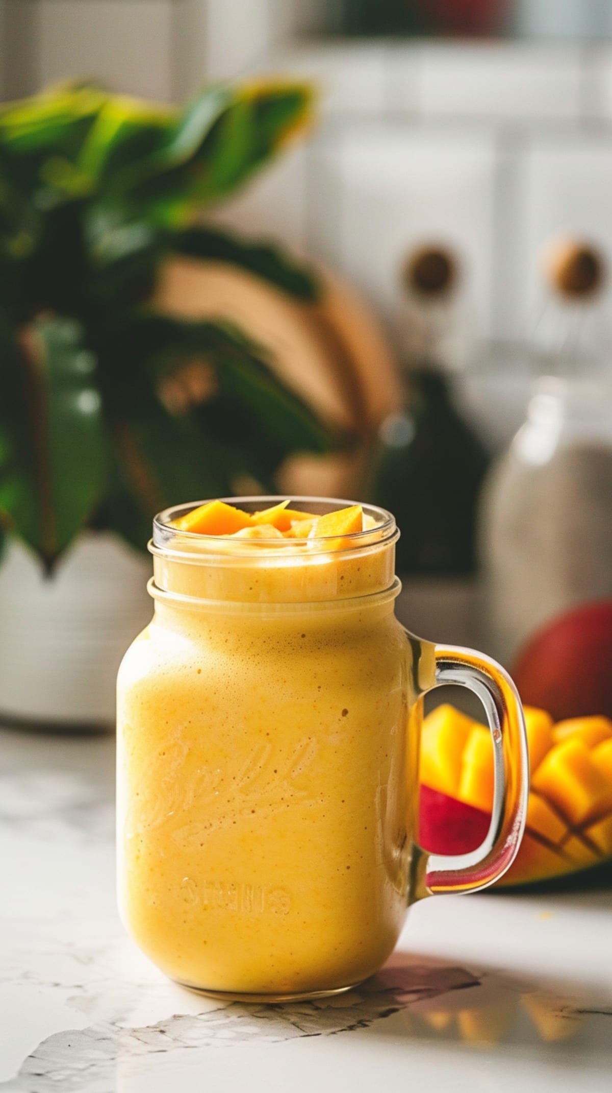Creamy mango milkshake on a counter with fresh mango