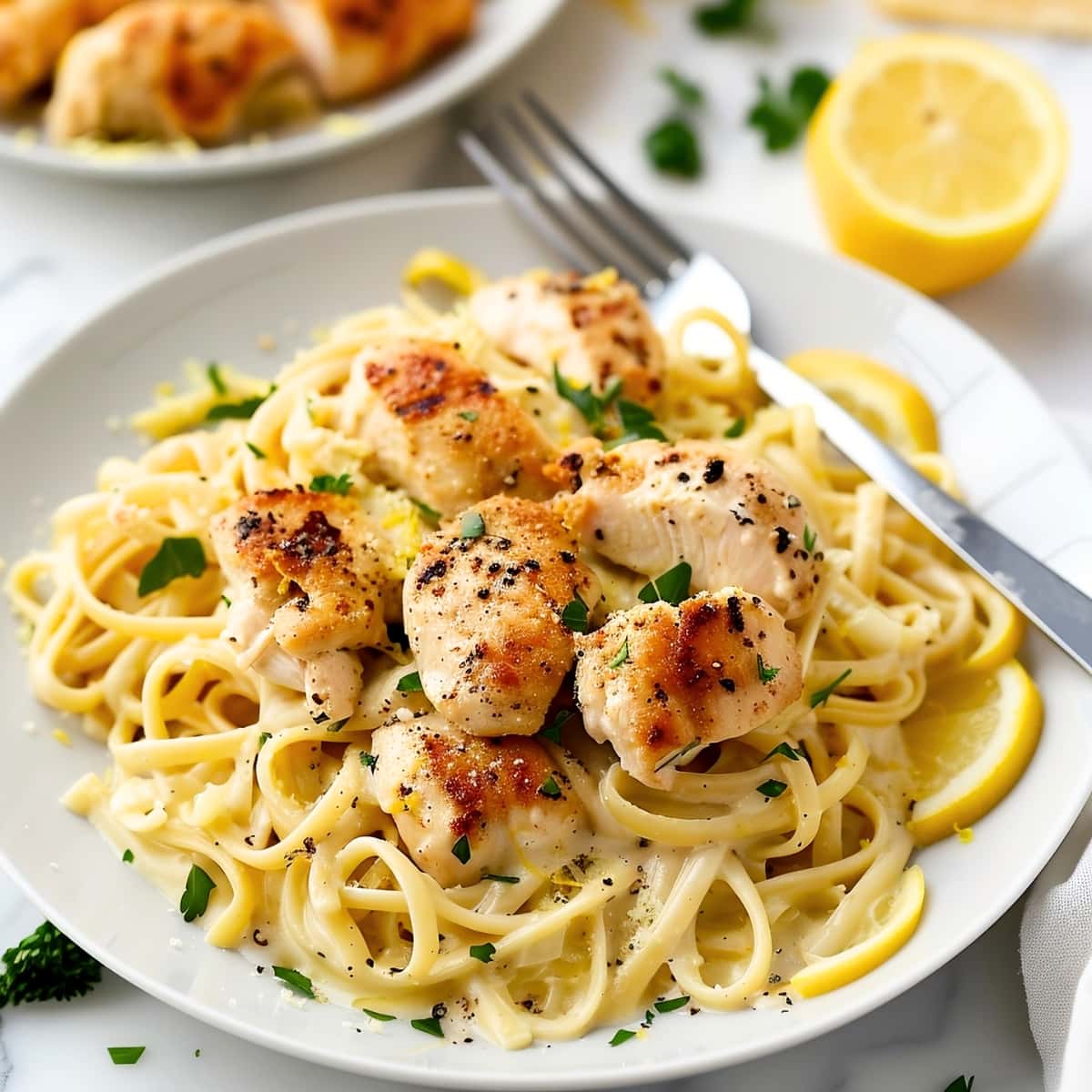 Creamy pasta with tender chunks of chicken and lemon